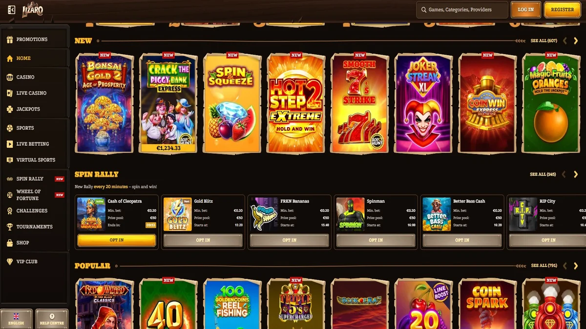 Lizaro Casino homepage overview